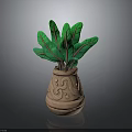 Ornate Clay Pot With Green Long Leaves And Intricate Carved Patterns