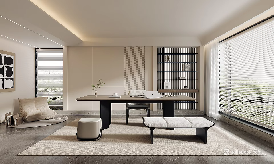 Modern Study Room Interior With Wooden Desk Bookshelf And Large Window 3d model 