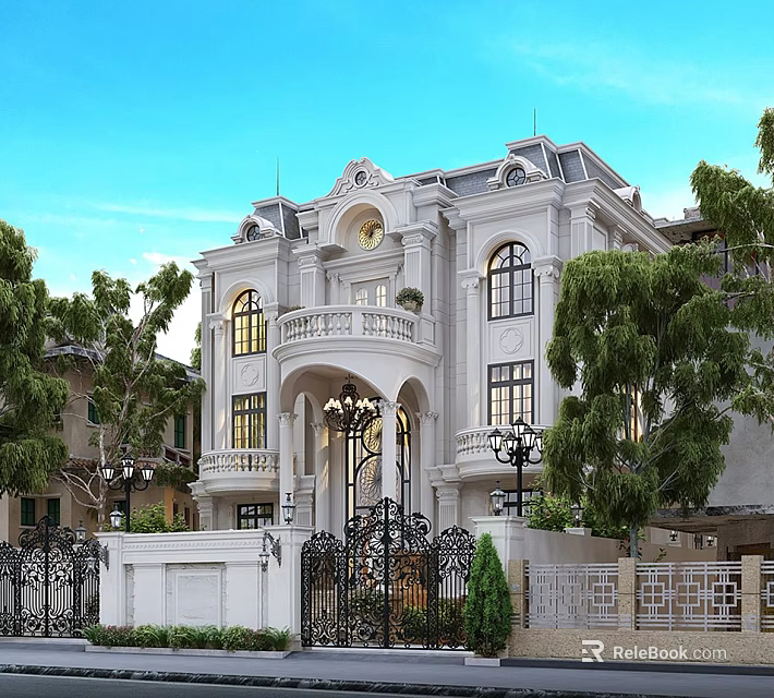 European Detached Villa With White Exterior Balcony Arched Windows Wrought Iron Gate And Surrounding Greenery 3d model 
