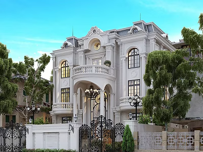 European Detached Villa With White Exterior Balcony Arched Windows Wrought Iron Gate And Surrounding Greenery 3d model