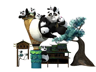 Panda Sculptures Display With Hot Air Balloon Structure Traditional House And Tree 3d model