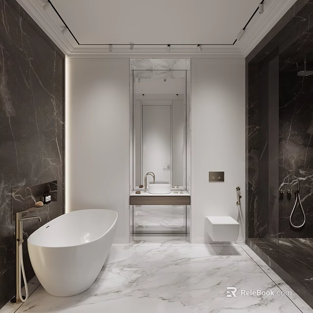 Elegant Modern Bathroom Interior Design With White Bathtub Marble Floor And Large Mirror 3d model 