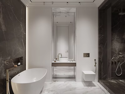 Elegant Modern Bathroom Interior Design With White Bathtub Marble Floor And Large Mirror 3d model
