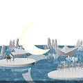 Enchanting Night Scene With Crescent Moon Crystal Formations Paper Boat Piano And Chairs On Water