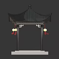 Chinese Traditional Pavilion With Black Curved Roof Hanging Red Tassel Lanterns And Stone Base