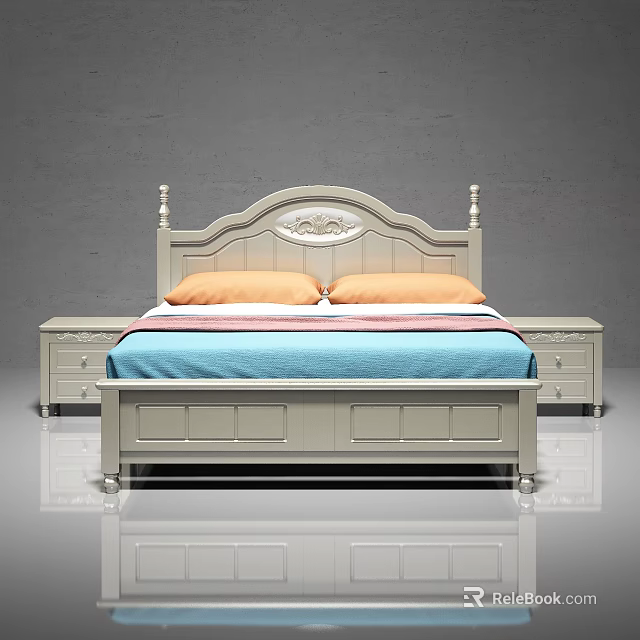 Double Bed With Carved Headboard Light Color Frame Orange Pillows Blue Blanket And Nightstands 3d model 
