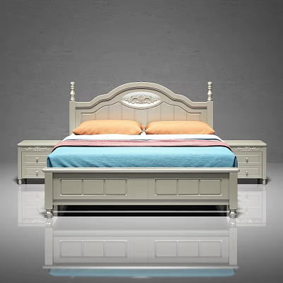Double Bed With Carved Headboard Light Color Frame Orange Pillows Blue Blanket And Nightstands 3d model