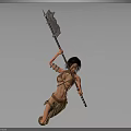 Man Holding Large Axe In Primitive Outfit With Decorative Arm Bands And Flying Debris