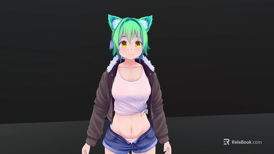 Woman With Green Hair Cat Ears Wearing White Top Blue Denim Shorts Brown Jacket 3d model 