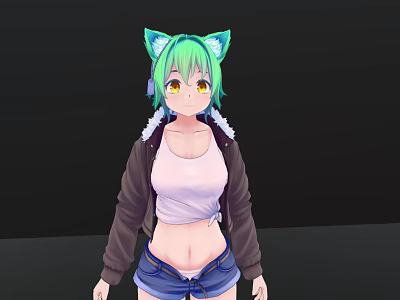 Woman With Green Hair Cat Ears Wearing White Top Blue Denim Shorts Brown Jacket 3d model