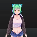 Woman With Green Hair Cat Ears Wearing White Top Blue Denim Shorts Brown Jacket