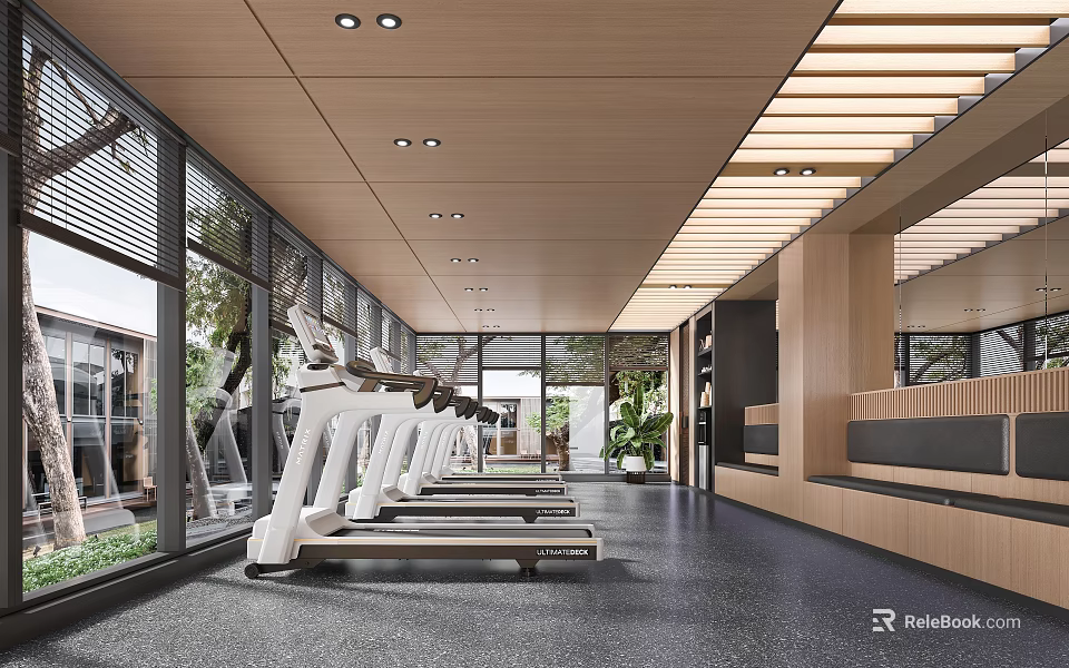 Modern Fitness Gym With Spacious Interior Treadmill Equipment And Large Windows 3d model 
