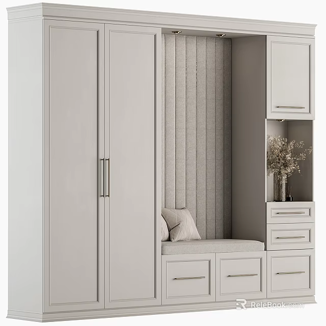 Modern Minimalist Shoe Cabinet With Doors Drawers Bench Cushion And Decorative Shelf Dried Flowers 3d model 