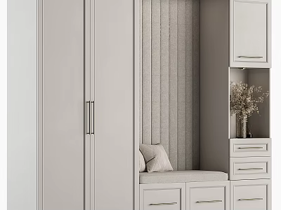 Modern Minimalist Shoe Cabinet With Doors Drawers Bench Cushion And Decorative Shelf Dried Flowers 3d model