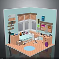 Cozy Kids Room Interior With Light Blue Walls Window Blinds Desk Chair Shelves and Decorations