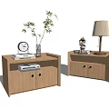 Modern Natural Wood Bedside Tables With Table Lamp Clock Plant And Storage Drawers