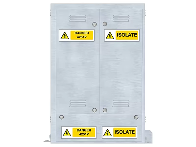 Industrial Equipment Metal Cabinet Featuring Warning Labels 415V And Isolate Instruction 3d model