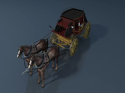 Vintage Horse Drawn Carriage Pulled By Two Horses With Black Red Body And Golden Wheels 3d model
