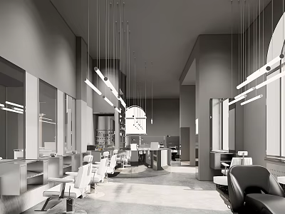 Modern Beauty Hair Salon Interior Design With Mirrors Chairs And Pendant Lights 3d model
