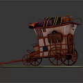 Vintage Red Carriage Loaded With Colorful Luggage And Decorative Wooden Wheels