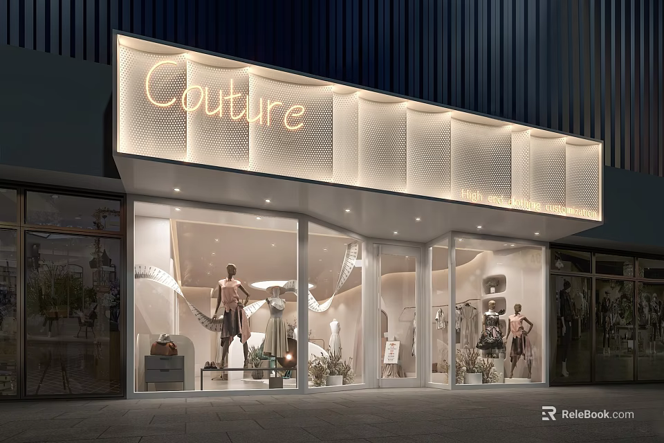 Couture Storefront With Illuminated Sign And Fashion Window Display Design 3d model 