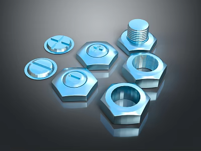 Hardware Tools Metal Bolts and Nuts with Hexagonal Shapes and Shiny Finishes 3d model