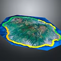 Detailed Mountainous Terrain Model With Green Vegetation And Blue Water Areas