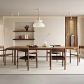 Modern Restaurant Interior Featuring Wooden Dining Table Woven Chairs Pendant Light And Decorative Shelves
