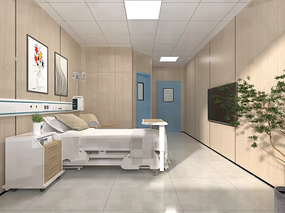 Modern Hospital Room Interior With Medical Bed TV Plants And Wooden Walls 3d model