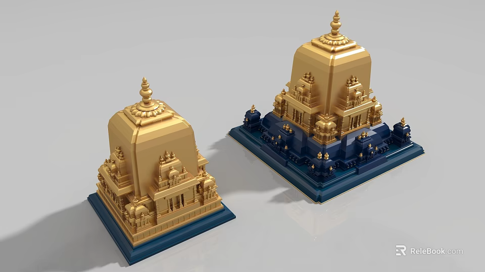 Golden Temple Architectural Components With Dome Spire Carvings And Blue Base 3d model 