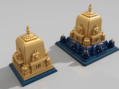 Golden Temple Architectural Components With Dome Spire Carvings And Blue Base 3d model