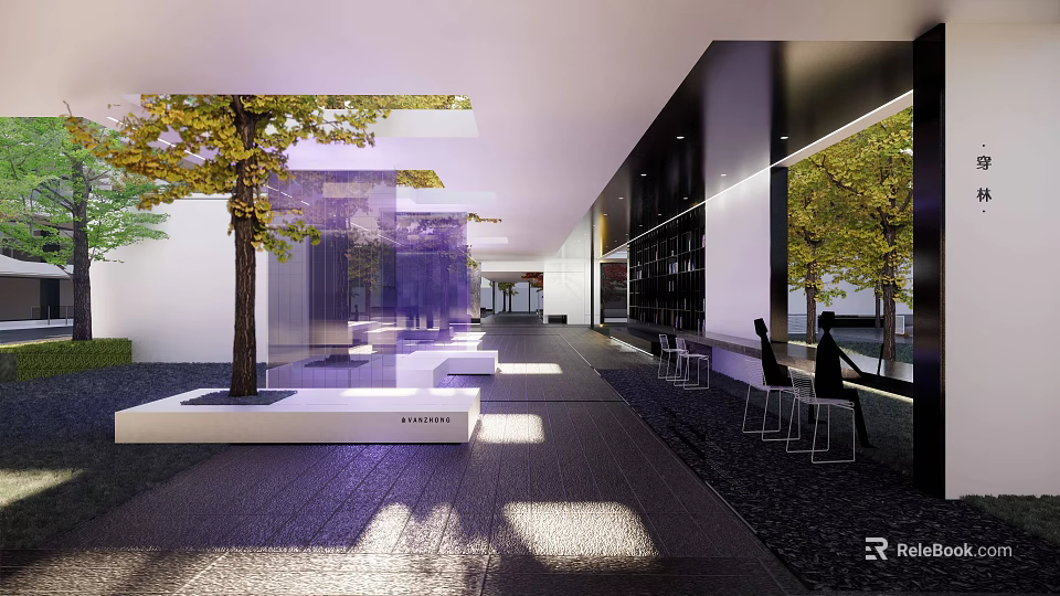 Modern Open Indoor Hall Design With Tree Bench Glass Walls And Natural Lighting 3d model 