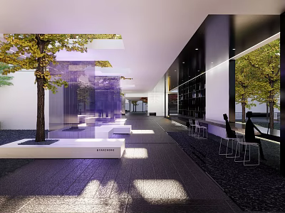 Modern Open Indoor Hall Design With Tree Bench Glass Walls And Natural Lighting 3d model