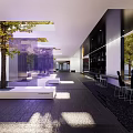 Modern Open Indoor Hall Design With Tree Bench Glass Walls And Natural Lighting