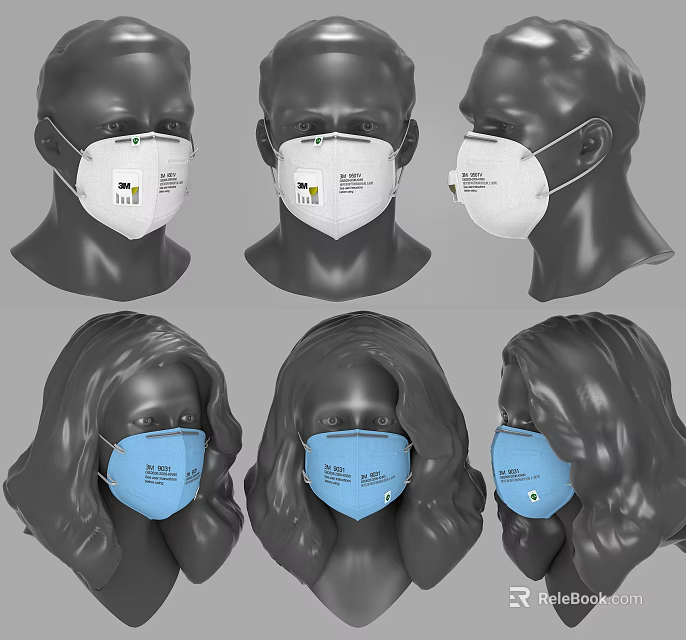 Different Style Protective Masks Worn On Mannequin Heads With Blue And White Designs 3d model 