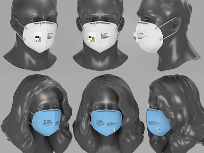 Different Style Protective Masks Worn On Mannequin Heads With Blue And White Designs 3d model