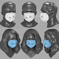 Different Style Protective Masks Worn On Mannequin Heads With Blue And White Designs
