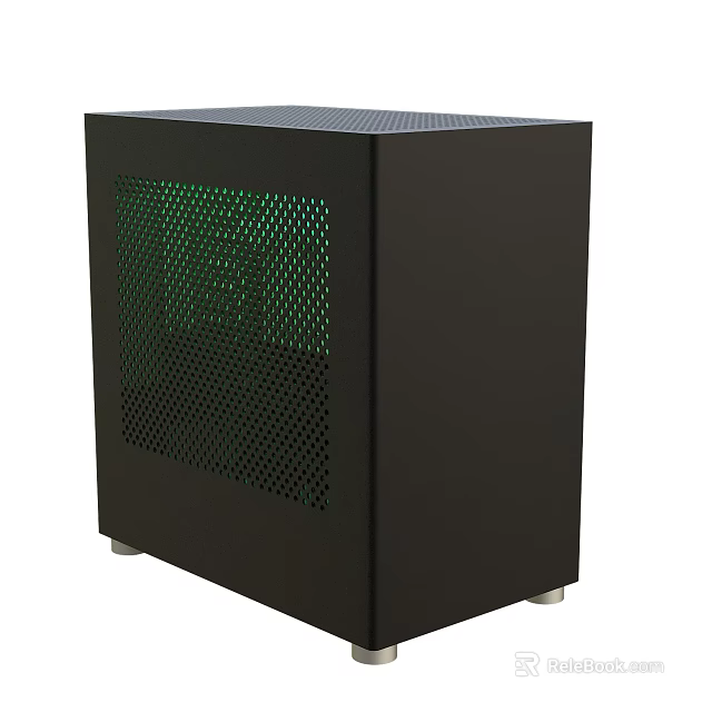 Modern Black PC Case Design With Mesh Front Panel And Green Lighting 3d model 