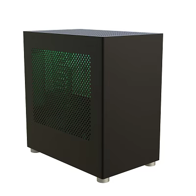 Modern Black PC Case Design With Mesh Front Panel And Green Lighting 3d model