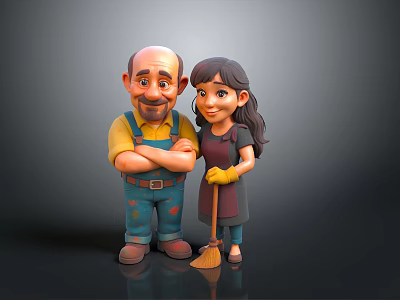 Friendly Cartoon Cleaning Characters With Male In Blue Overalls And Female Holding Broom 3d model