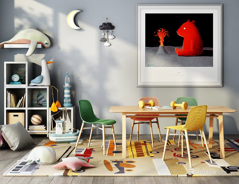 Kids Room Dining Table Set With Colorful Chairs Decorative Wall Art And Playful Elements 3d model 