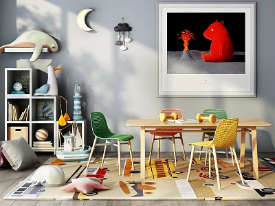 Kids Room Dining Table Set With Colorful Chairs Decorative Wall Art And Playful Elements 3d model