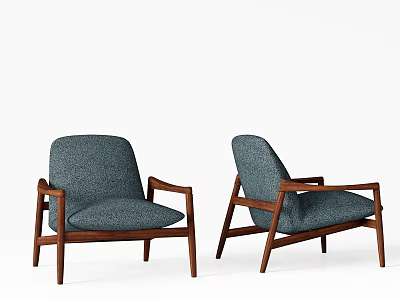 Pair of Modern Lounge Chairs With Walnut Wooden Frame And Gray Fabric Upholstery 3d model