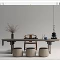 Modern Minimalist Tea Table and Chairs with Stools Tea Set Vase and Branches 3d model