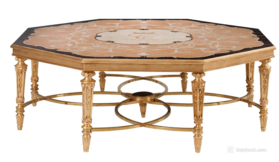 Ornate Octagonal Coffee Table With Golden Carved Legs And Decorative Inlay Surface 3d model 