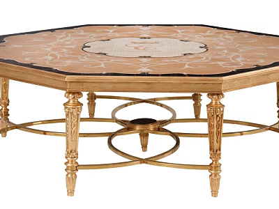 Ornate Octagonal Coffee Table With Golden Carved Legs And Decorative Inlay Surface 3d model