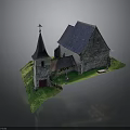 Traditional Stone Church Building With Spire Cross Dark Roof And Green Grass