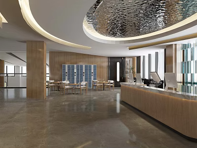 Modern Hotel Lobby Design With Wooden Reception Desk Circular Shiny Ceiling And Spacious Area 3d model