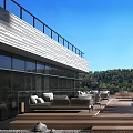 Modern Rooftop Terrace With Wooden Deck Outdoor Furniture Green Trees And Blue Sky