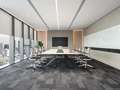 Modern Conference Room With Large Windows City View Long Meeting Table And Office Chairs 3d model